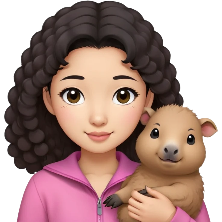 Perempuan muda asia berambut hitam medium dan agak curly,mata berwarna hitam, pakai baju warna pink dan menggendong capybara kecil sambil mengedipkan mata emoji