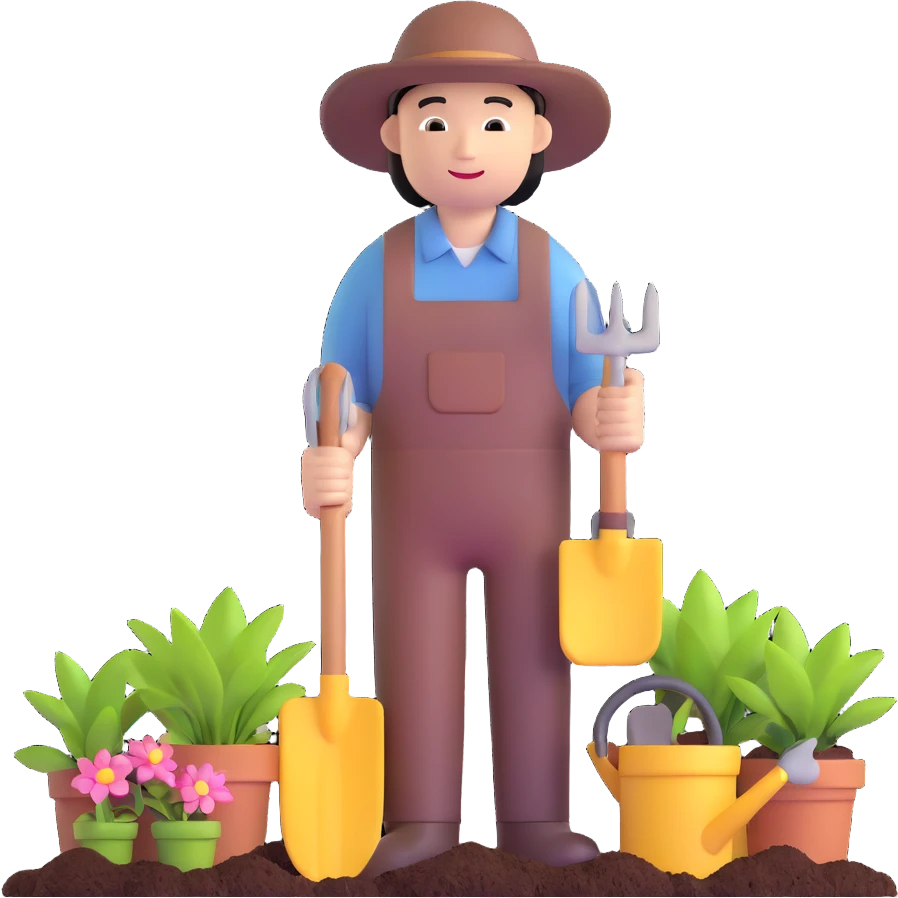 Asian gardener named Yong with gardening tools emoji