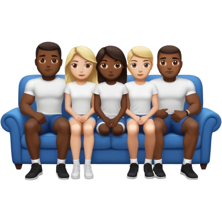 White girl sitting on couch with five muscular black men in white tshirts around her emoji