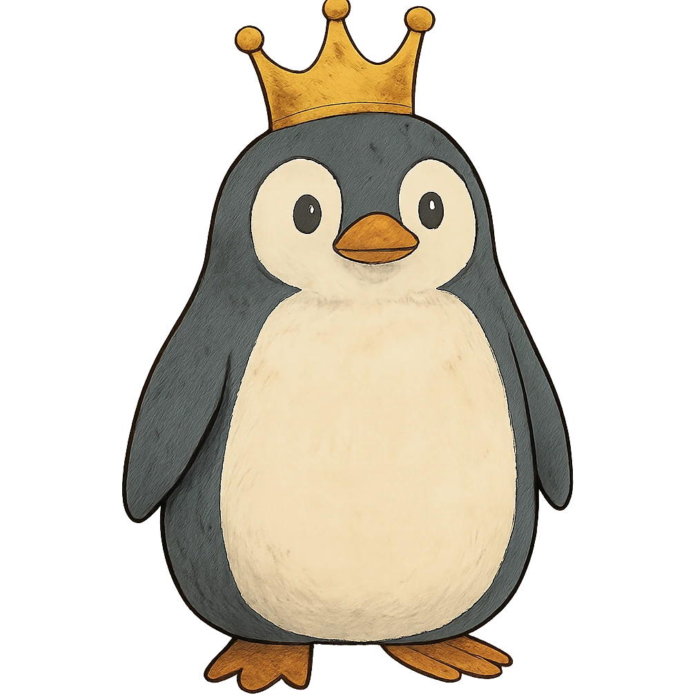 ghibli style penguin with a crown emoji