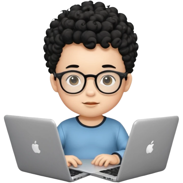 A baby boy DEVELOPER WITH A laptop, black curly hair and topknot, wearing glasses emoji