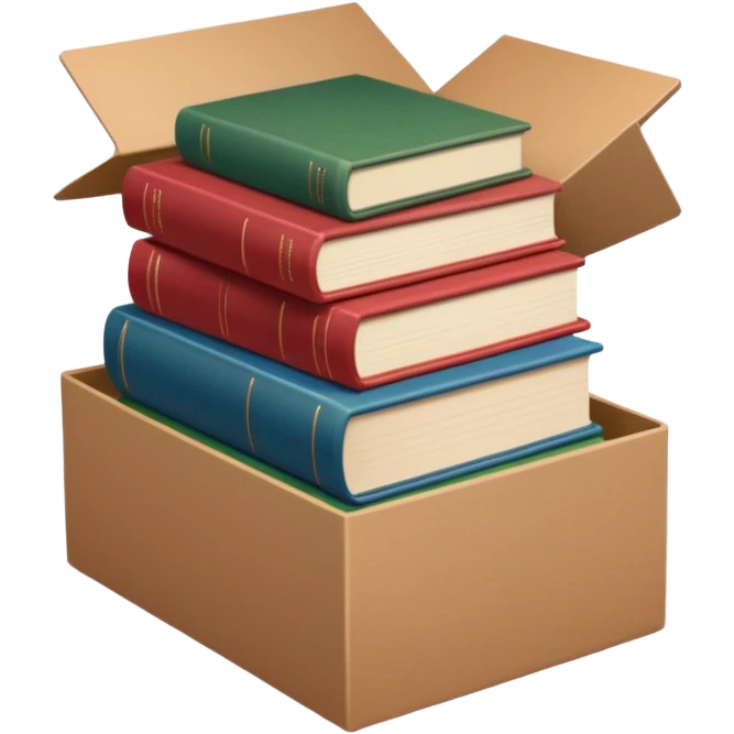 
An open brown cardboard box with softly rounded edges, filled with a small stack of colorful hardcover books (muted red, blue, and green). emoji