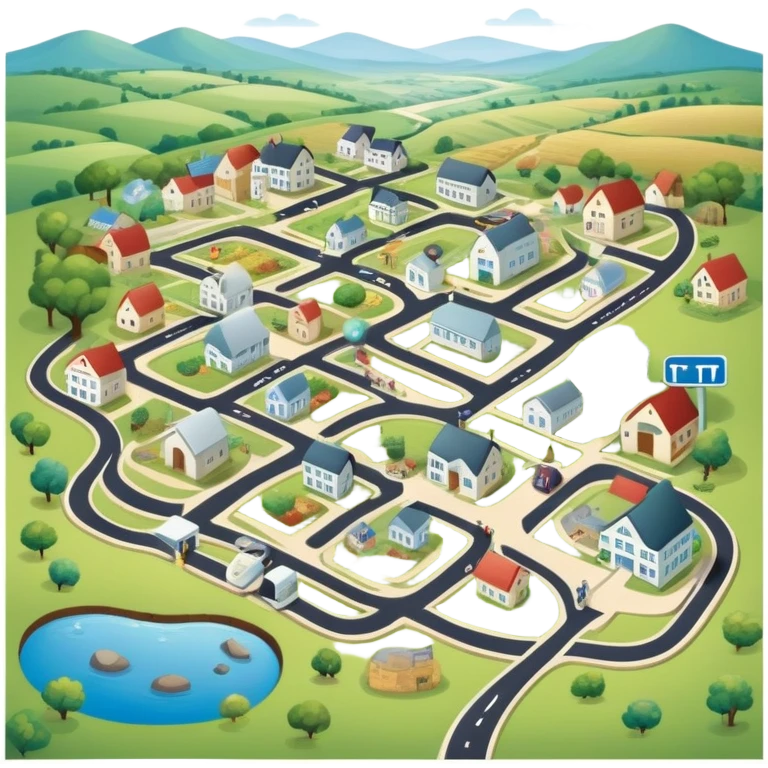 journey on a game board about Type 1 diabetes and aging with pretty footpaths in a countryside (hospital, places to live, advocacy, physical changes, to share knowledge and ways of coping, energetic with text: T1D to 100 and subtext Aging with Type 1 diabetes, easy for seniors to see and understand emoji