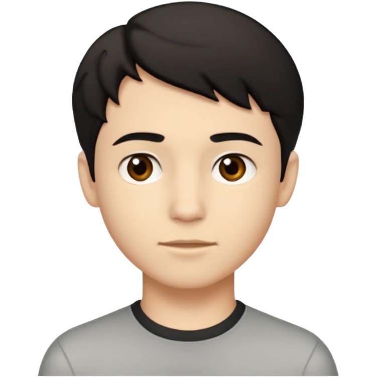 A young man with light skin tone, short wavy black hair parted to the side, large brown eyes, and a neutral expression with a small closed-mouth smile. emoji
