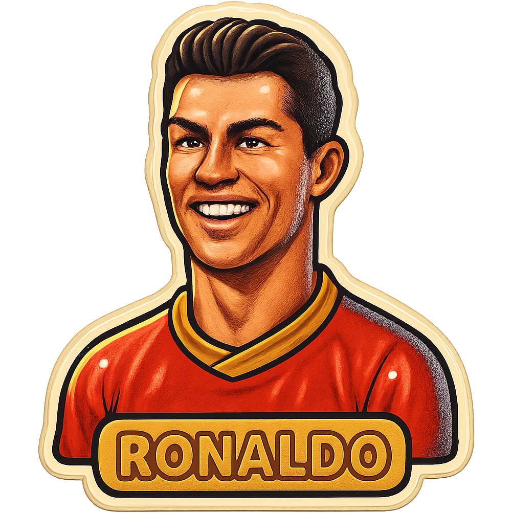 Cristiano Ronaldo as a retro sticker icon, vintage sticker look, bold outlines emoji
