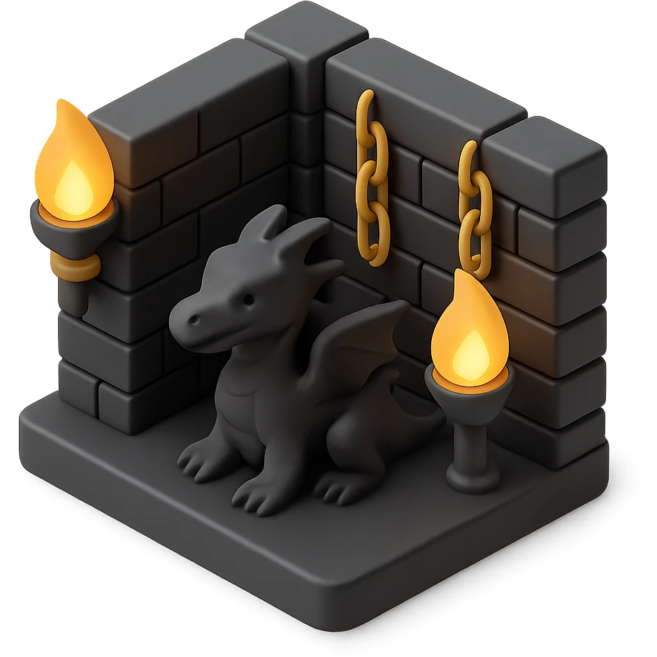 A dungeon emoji with torches, chains, and a dragon, dark and moody colors emoji