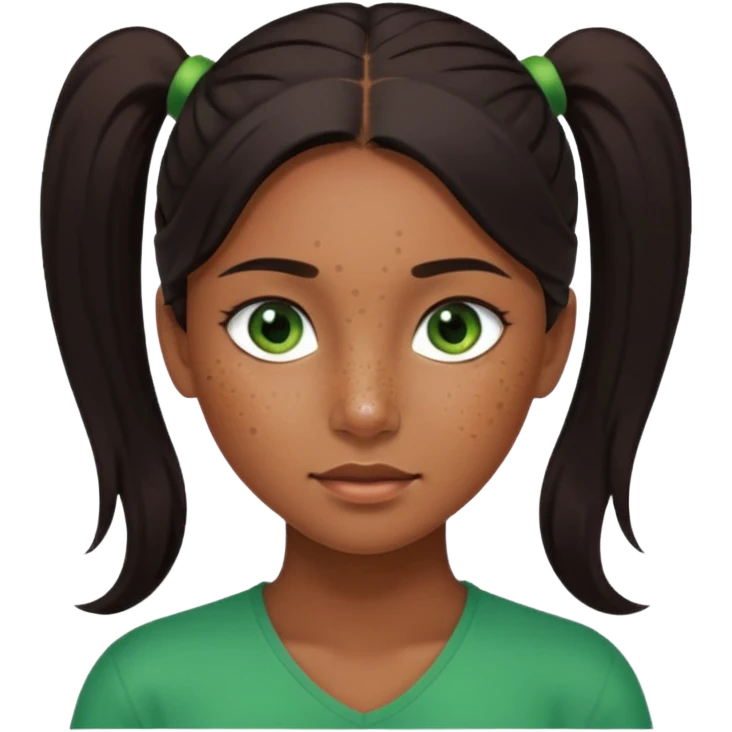 Девочка с длинными темными волосами в хвосте и веснушками в коричневом emoji