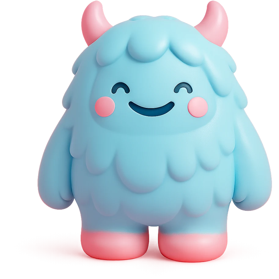 fluffy monster with long fur, tiny horns, cheerful expression, light blue and pink colors emoji