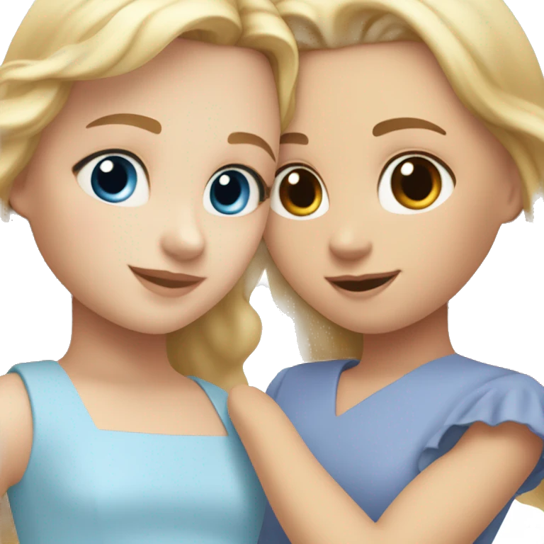 girl with blonde hair and blue eyes in a light blue dress, holding hands with a girl with brown hair and brown eyes in a periwinkle dress emoji