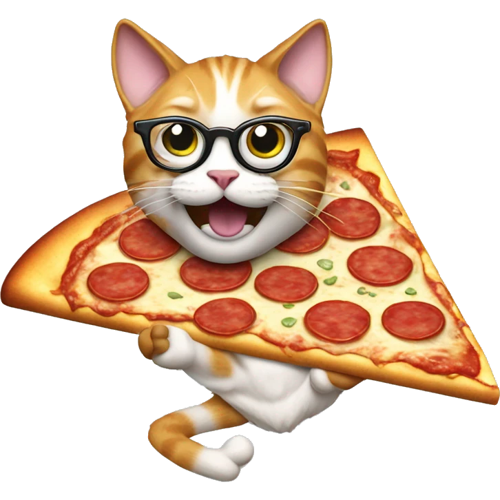 crazy cat eating pizza on surf board with glasses on emoji