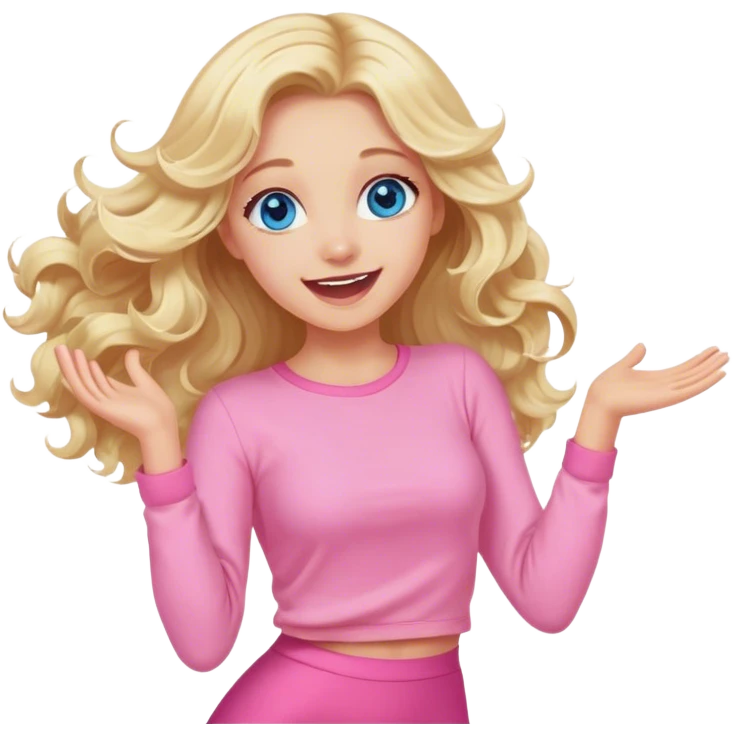 Pretty Blonde with long hair model, blue eyes In pink clothes soft wavy hair, super excited and happy dance emoji
