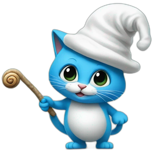 Smurf cat wear a white hat walking on a stick and holding a snail emoji