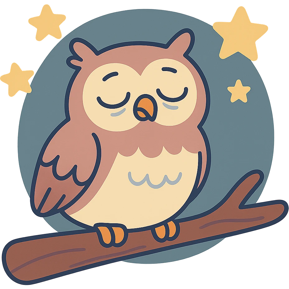 sleepy owl on a tree branch with stars, muted night palette, soft pastel colors, transparent background, pastel toon style emoji