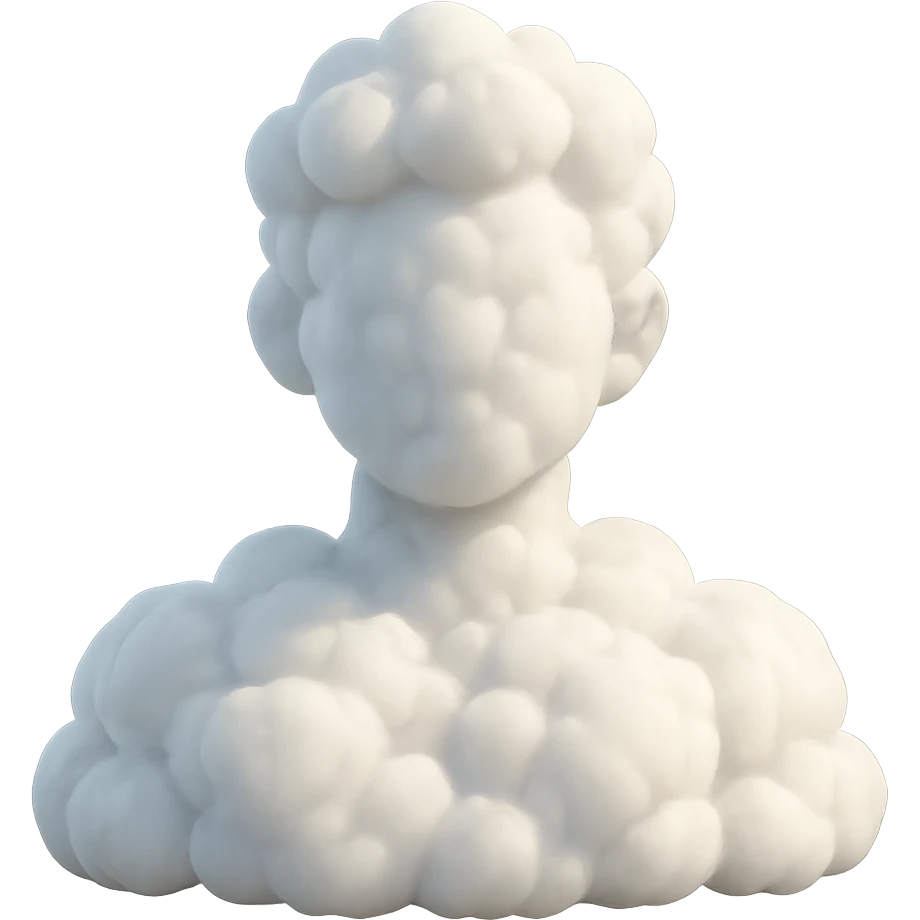 front view contour of a person from shoulders up, fully composed inside of 3D beautiful clouds, clouds are voluminous, white, soft, fluffy, realistic lighting and shadows, 3D emoji style emoji