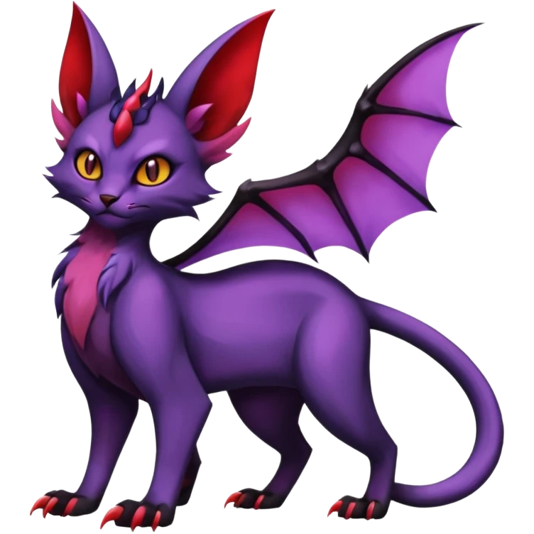Black vampiric edgy demon-Noivern-Noibat-Purloin-Torracat-Lykoi-Caracal-cat-Fakemon-fusion-hybrid-creature with violet and red scale markings with 2 horns emoji