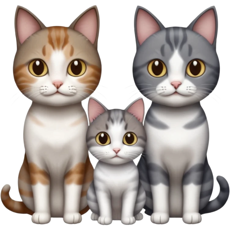 3 different coloured short haired cats including; a dark brown tabby and white cat, and a dark grey and white  emoji