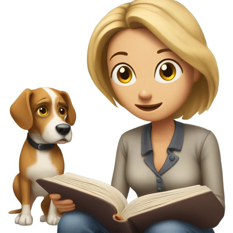 Dog reading a book but woman blocking the words emoji