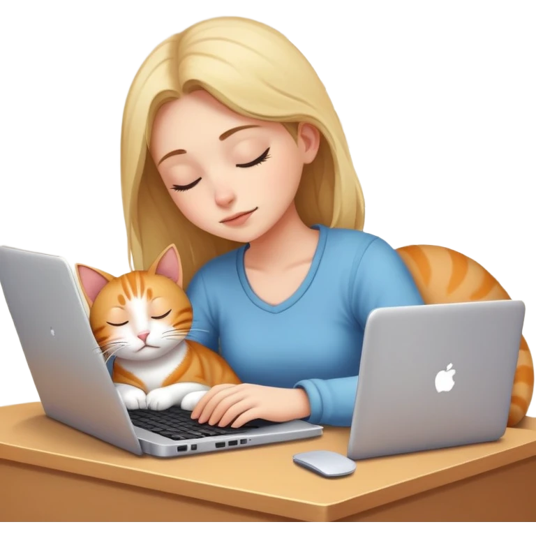 A girl works on a laptop with a cat sleeping next to it emoji