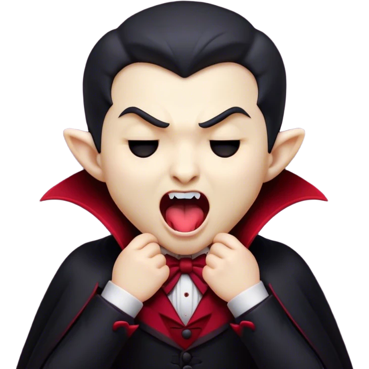 Cinematic Cute Yawning Vampire Portrait Emoji, with a small, rounded, charming pale face accented with tiny playful fangs and droopy, half-closed eyes, head tilted in an adorable wide yawn, dressed in miniature elegant dark attire with a hint of crimson, simplified yet irresistibly endearing, highly detailed with a soft, mysterious glow and gentle outline that captures the cute, drowsy side of an immortal! emoji