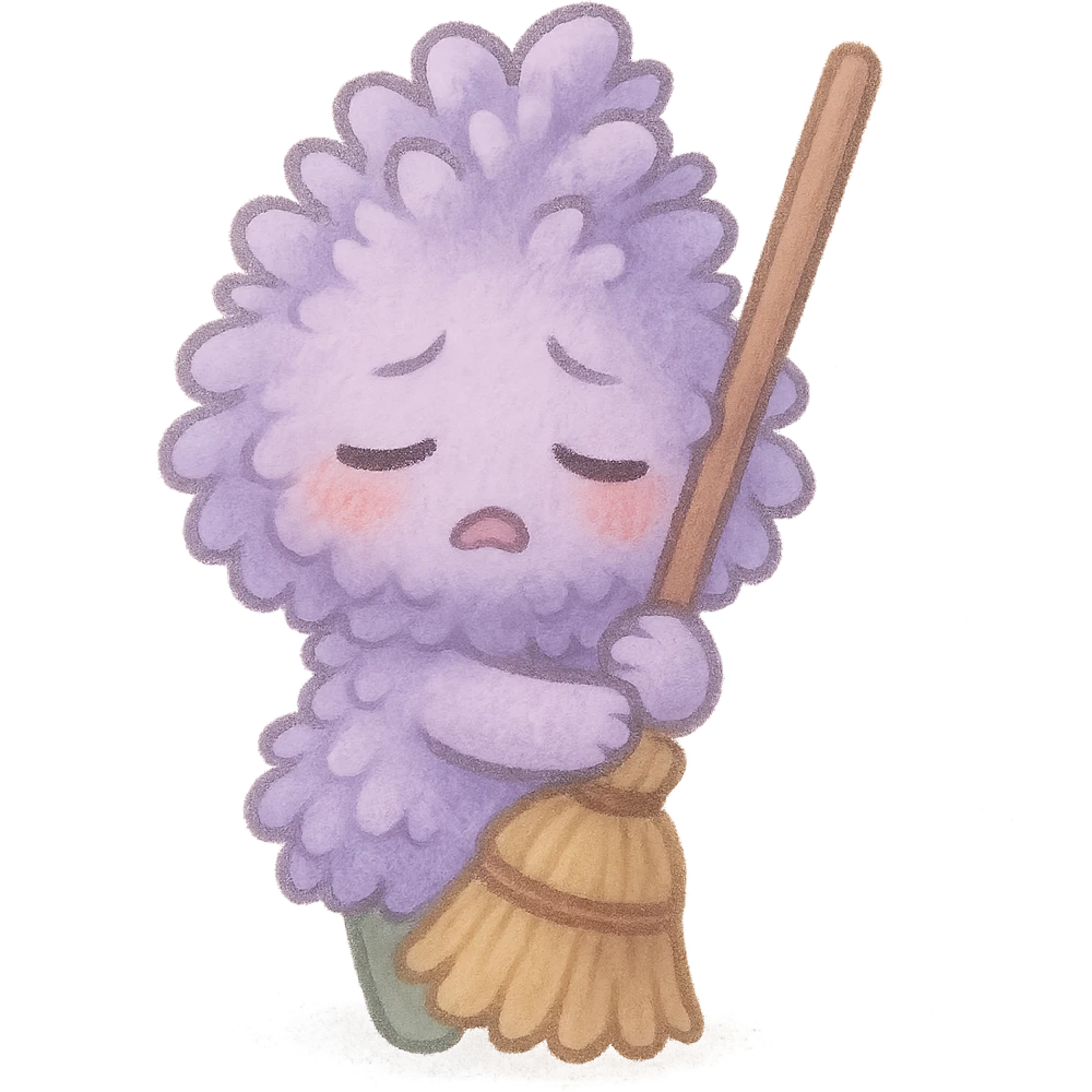 chibi fluffy style soft lavender flower, hugging a broom, exhausted expression, gentle purple, full-body emoji