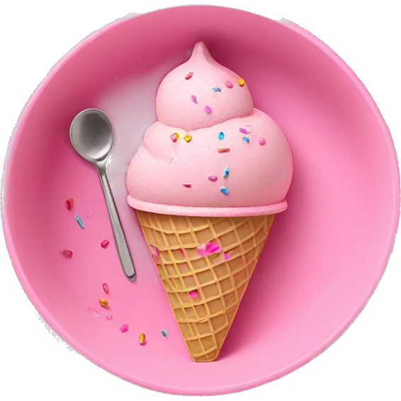 Pink ice cream in bowl with sprinkles and spoon on the side  emoji