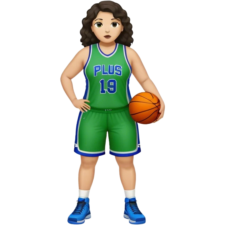full body plus size light skin latino women basketball player with wavy dark hair large wide nose wearing blue with green  green uniform emoji