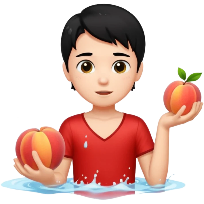 a peach splashing water in boy's mouth above his with black hair and red dress emoji
