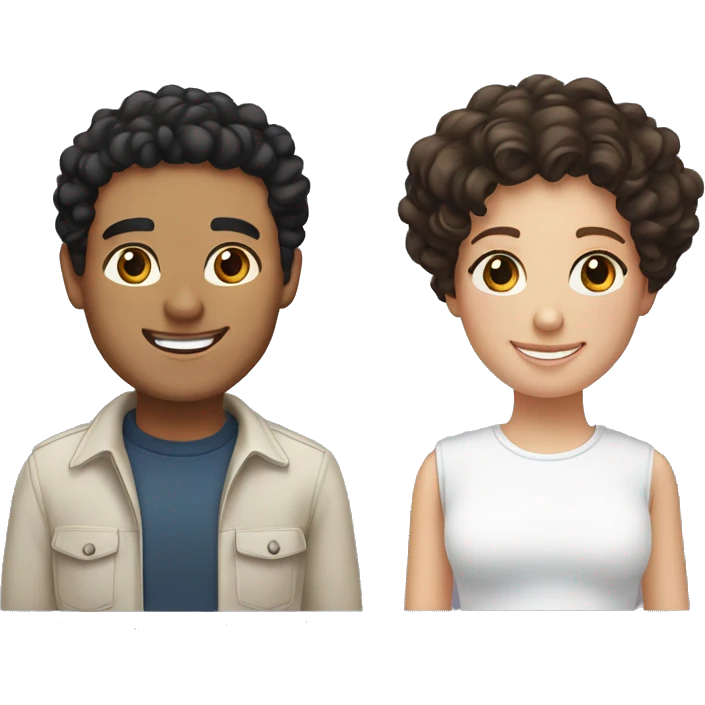 Hispanic male with black curly hair and brown eyes smiling next to white female with straight brown hair and hazel eyes emoji