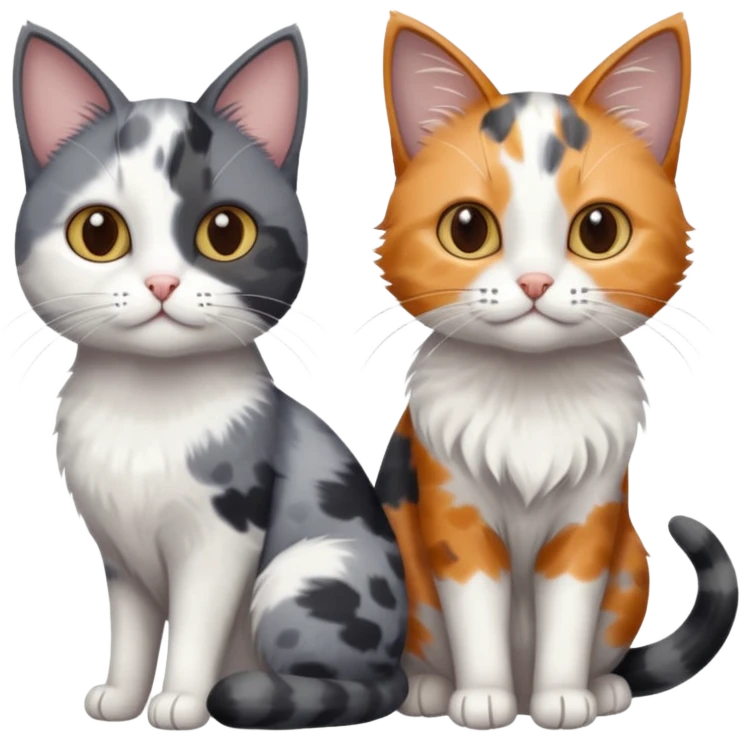 3 different coloured small cats including a dark grey and white, and a patchy calico and a solid grey with only white paws emoji