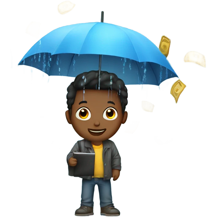 Boy holding umbrella cash raining down emoji