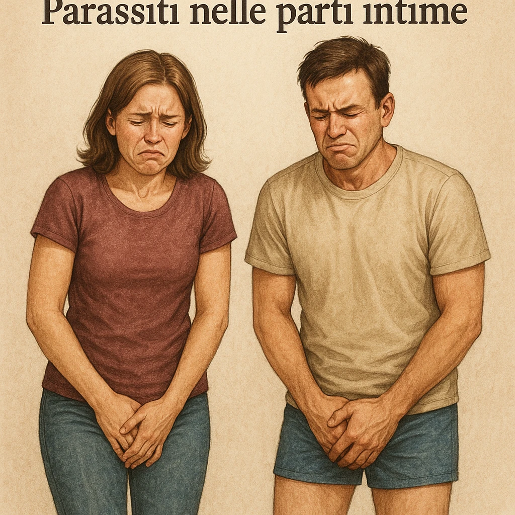 Create a realistic illustration of a man and a woman with clearly pained expressions, holding their intimate areas without explicit details. Above them, include the text 'Parassiti nelle parti intime' in Italian, with an educational and respectful tone. emoji