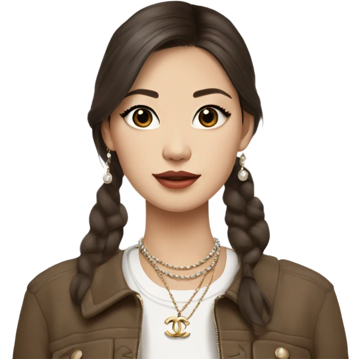 Realistic brown hair blue eyes Chanel Asian Girl with Birkin bag and Chanel necklace emoji
