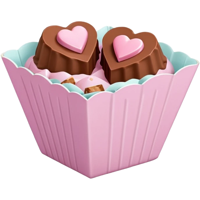 Two sharp-edged square milk chocolate pralines placed diagonally, each in a white fluted paper candy cup, with smooth glossy coating.
Flat thin pastel pink heart icing centered on top with subtle sugar crystal sparkle, clean studio lighting, pure white background, realistic minimal emoji-style. emoji