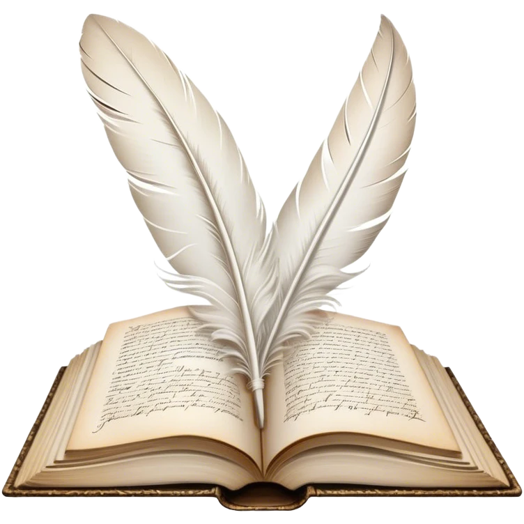 Create a poetic and elegant emoji representing poetry. The design should feature several vintage, gracefully flying pages with short, poetic columns written on them. A white feather quill should be depicted writing on one of the pages, with ink flowing smoothly. The pages should have a soft, antique look, with subtle details to convey the delicate nature of poetry. Use soft, light colors with a romantic, airy feel. Make the background transparent. emoji