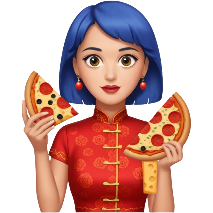 Katy Perry, wearing cheongsam, with pizza emoji
