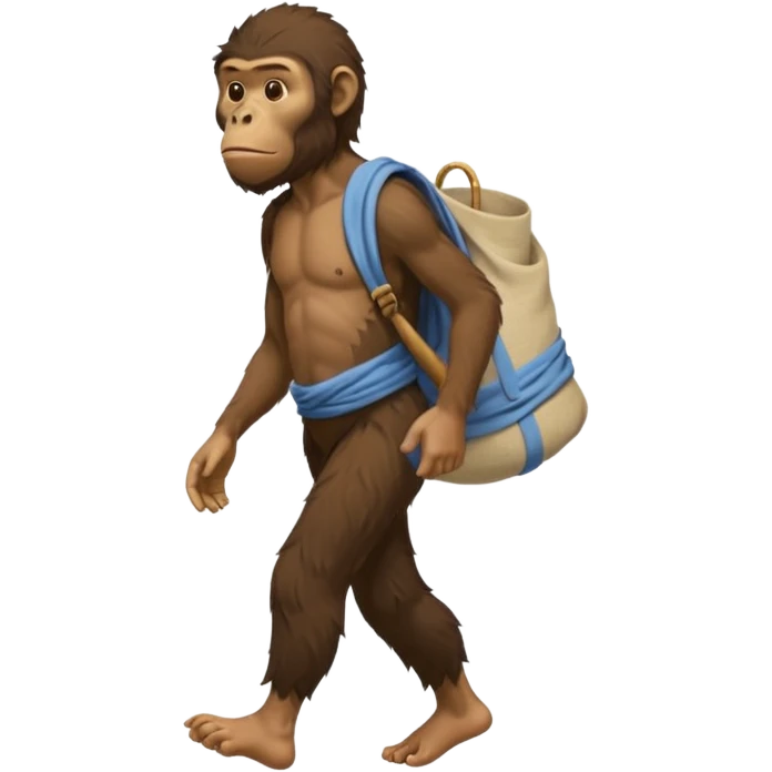 Draw an Australopithecus walking like a nomad, carrying a cloth bundle over its shoulder, in a cute flat iPhone emoji style emoji