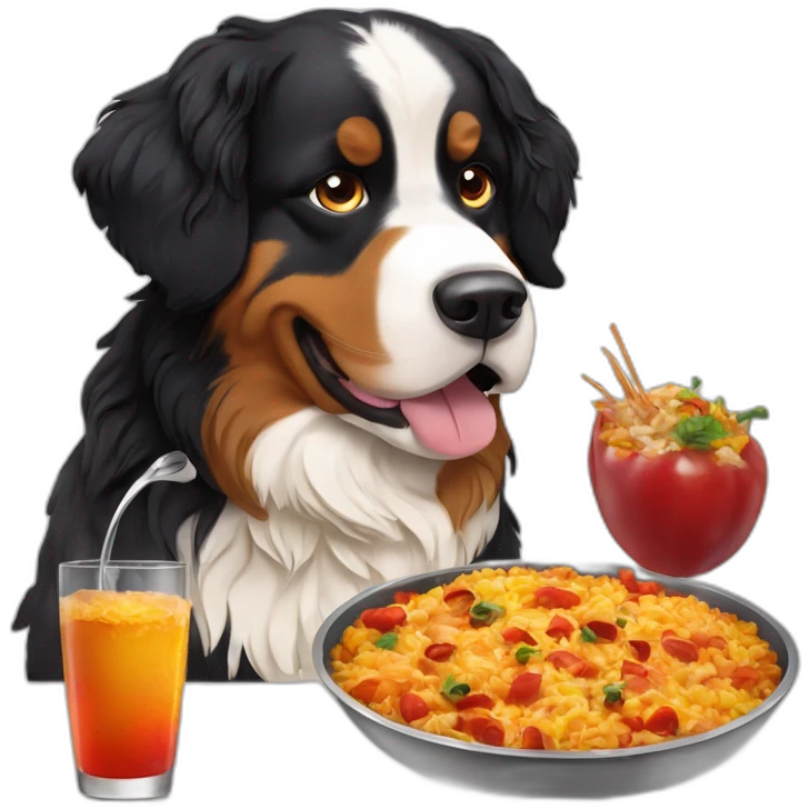 Bernese mountain dog eating a paella emoji
