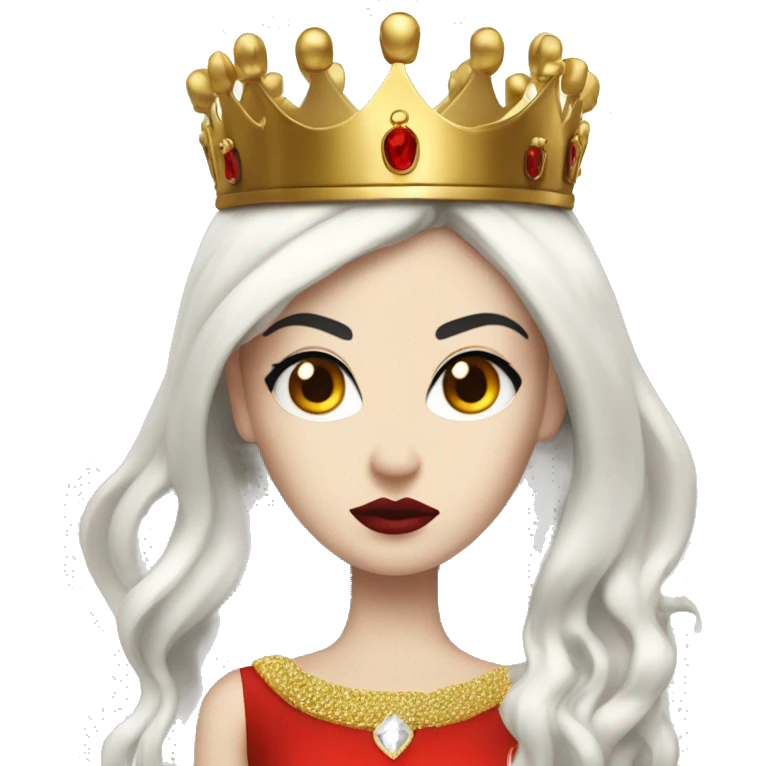 Queen with pale skin, long black hair, bright red lips, skinny gold crown, white dress, and evil stare.  emoji