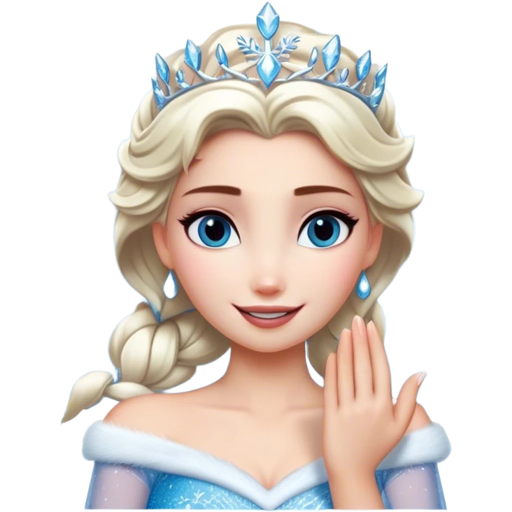 Cinematic Elegant Elsa Portrait Emoji, Standing gracefully with snowflakes forming in her hands, a soft yet confident smile, frosty shimmer surrounding her, a queen in perfect icy splendor! emoji
