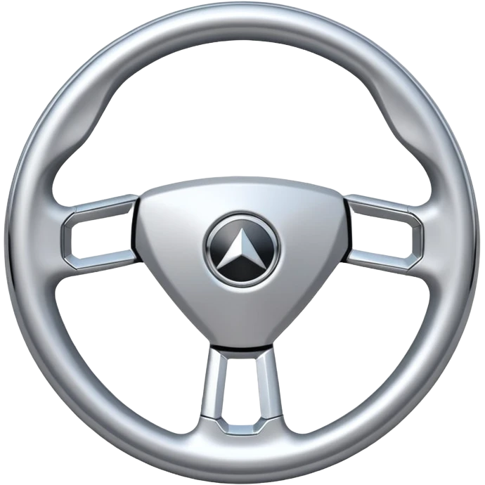 A futuristic steering wheel emoji made of silver chrome, minimal geometric design, smooth metallic surface, soft reflections, iOS emoji style, centered, clean white background emoji