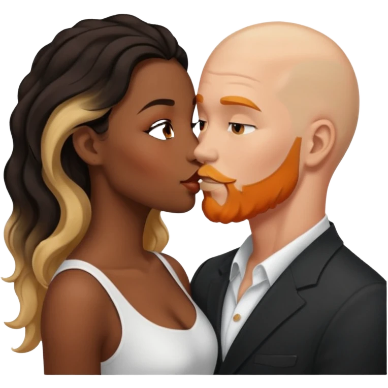 ebony black women with long brown/black wavy hair with blonde highlights kissing bald white man. White man has orange facial hair emoji