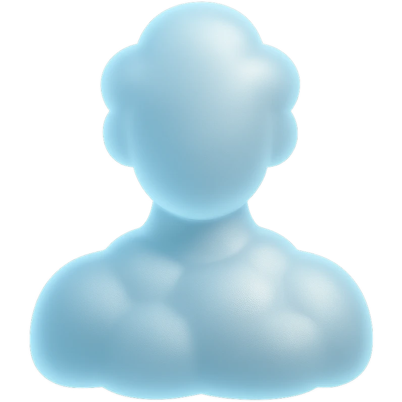 bright person composed entirely of convex clouds, shoulder up, front view, matte glass style emoji