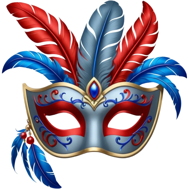 grey masquerade mask  with red and blue feathers emoji