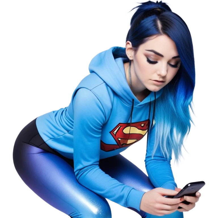 Disapponted-big tears-head back texting on phone-very very large upper body-sexy face-bending forward at waist-very long very straight dark blue to light blue ombre hair-and-blue eyes-thick black eyeliner-goat hoodie-iridescent blue lowcut tanktop with black leggings with glitter superman logo emoji
