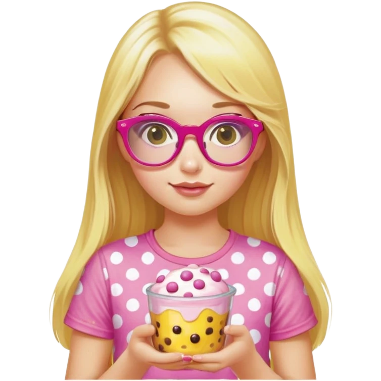 a girl with long lashes, long blonde hair, wearing pink glasses, wearing yellow polka dot t-shirt, holding a pudding emoji