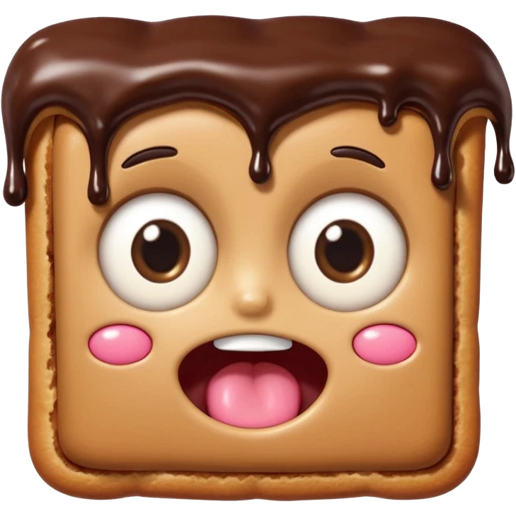 Rectangular chocolate mini pastry, slightly messy and squished, chocolate dripping, big round eyes, wide open mouth, playful surprised expression, text above: "ПАСТИЧКА", chibi style, Twitch emoji style, transparent background, colorful

 emoji