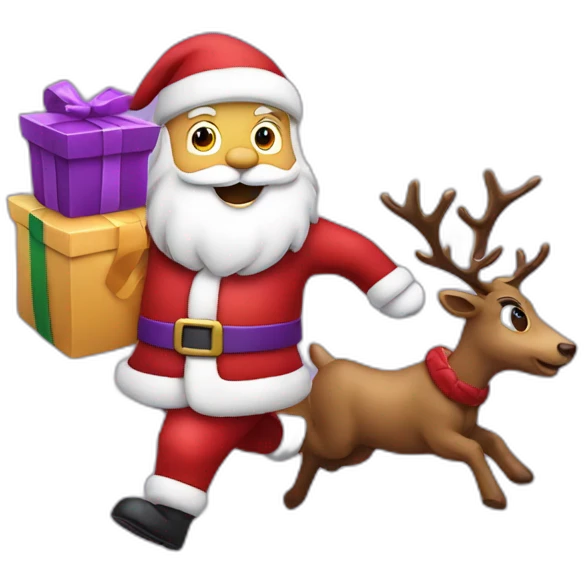 Santa Claus dressed in purple running with the reindeer to deliver the presents emoji