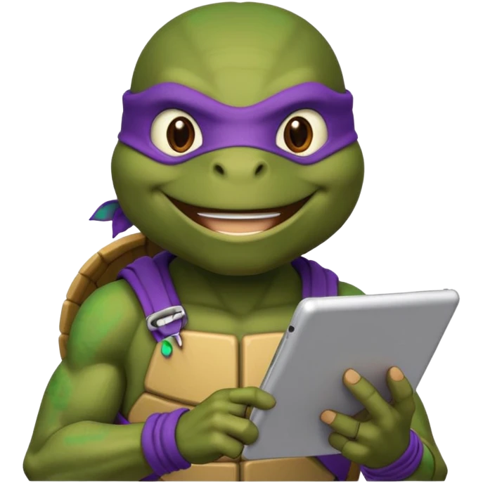 Donatello from Teenage Mutant Ninja Turtles, emoji style, using a tablet with a hacking screen emoji