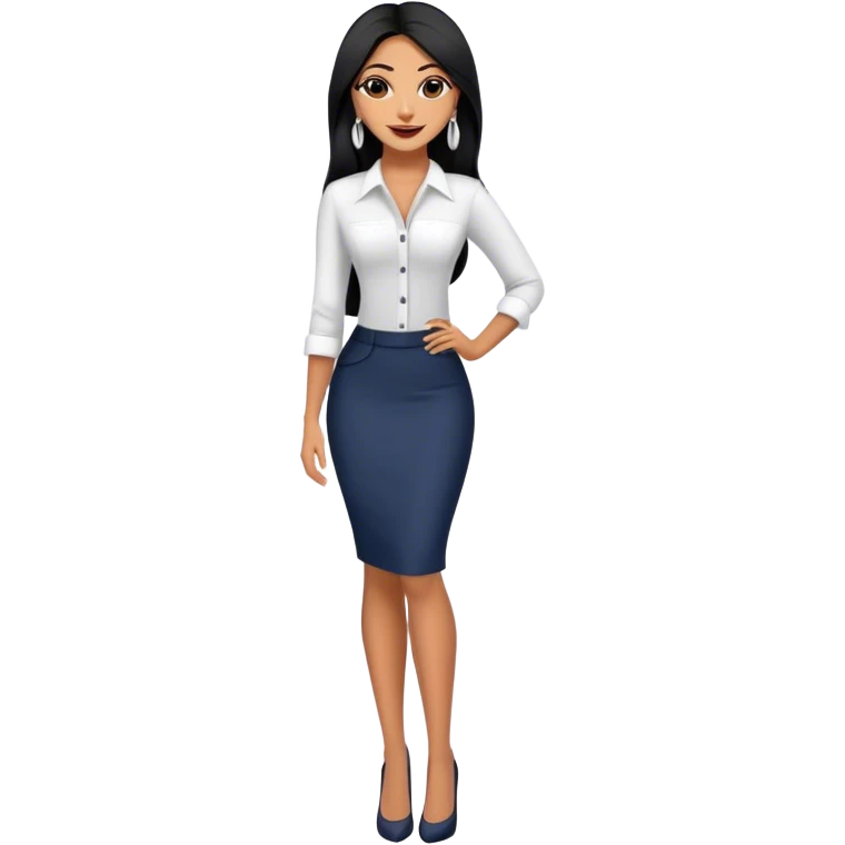 beautiful fit tall woman boss, with long straight black hair, with make up, black eye liner, smile, mexican, brown skin, wearing beautiful profesional outfit and white earings, full body emoji