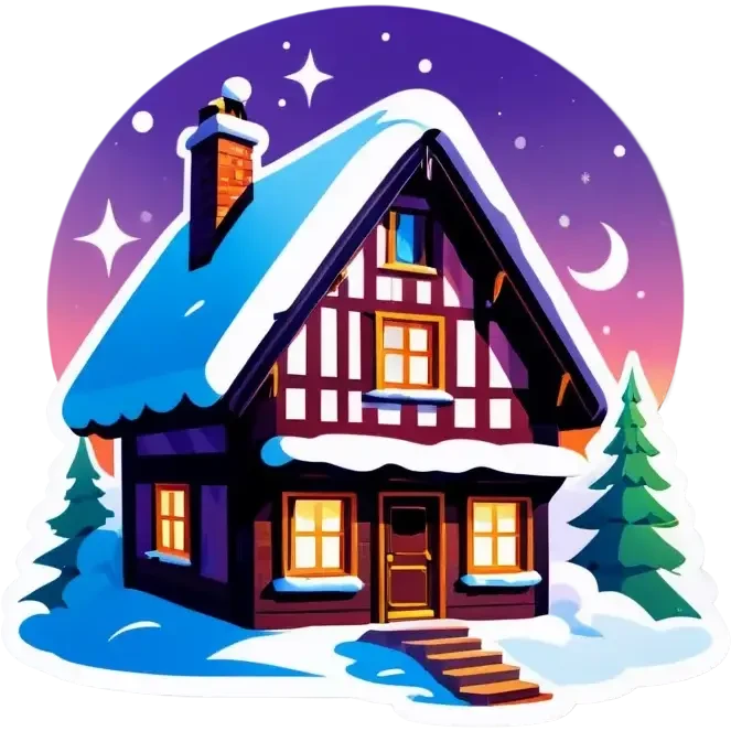 Schneebedecktes haus mit einem Glasdach Nordlichter am Himmel emoji